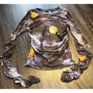 Urban Outfitters Galaxy Print Mesh Top Small Sheer L/S Ruched Cosmic Space